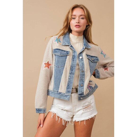 Teddy Denim Contrast Yee Haw Sequin Star Jacket - Picture 4 of 16